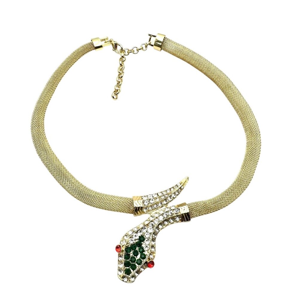 Red Green Clear Crystal Snake Statement Necklace Gold Tone Mesh Chain New